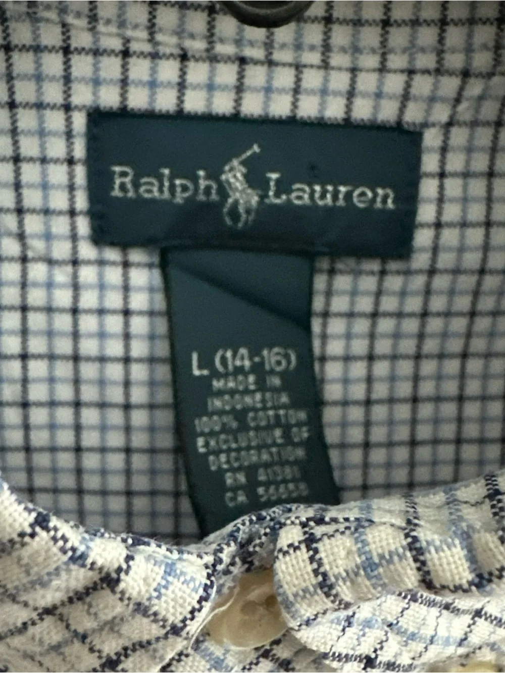 Ralph Lauren Blue Plaid Button Down Shirt Long Sleeve Youth Boys Size L (14-16)